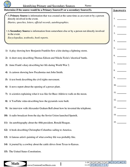 Primary and Secondary Sources Worksheets - Identifying Sources worksheet